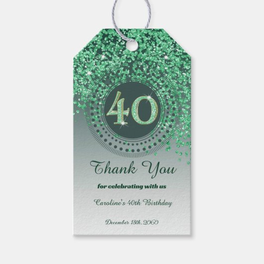 Modern Falling Green Glitter 40e verjaardag Cadeaulabel (Voorkant)