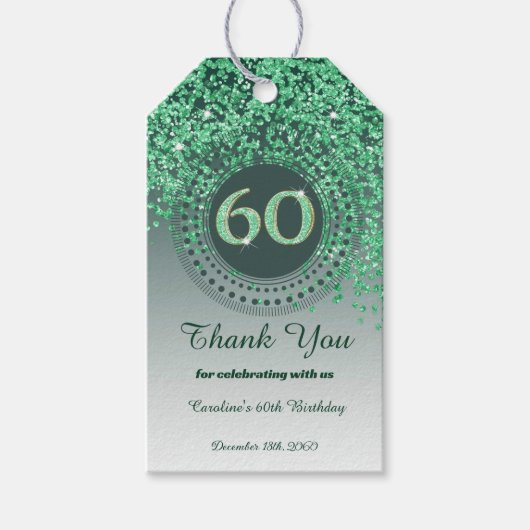 Modern Falling Green Glitter 60e verjaardag Cadeaulabel (Voorkant)