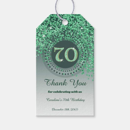 Modern Falling Green Glitter 70e verjaardag Cadeaulabel (Voorkant)