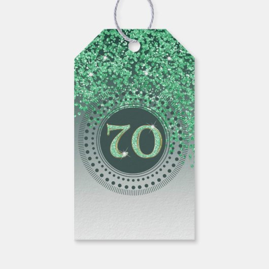 Modern Falling Green Glitter 70e verjaardag Cadeaulabel (Achterkant)
