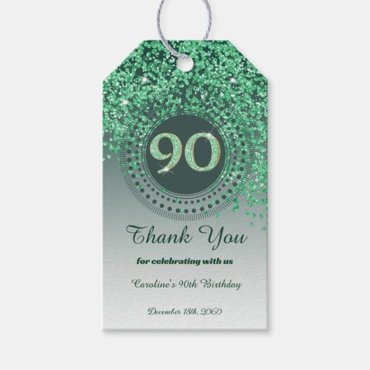 Modern Falling Green Glitter 90e verjaardag Cadeaulabel (Voorkant)