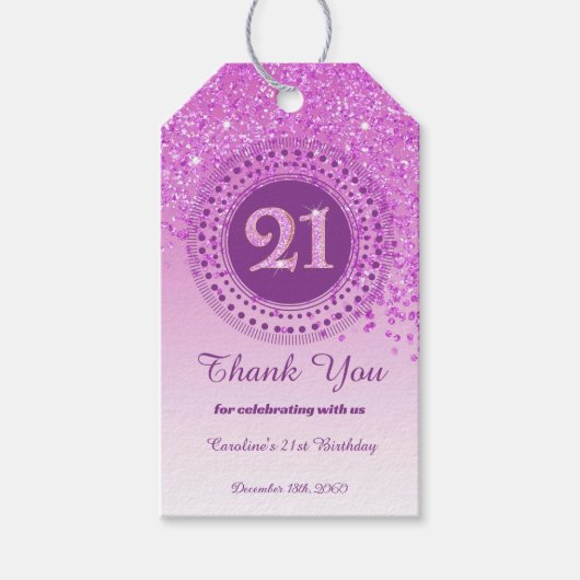 Modern Falling Pink Glitter 21st Birthday Cadeaulabel (Voorkant)