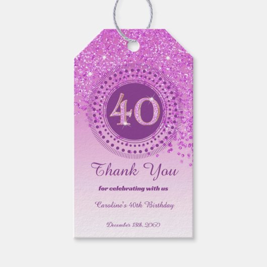 Modern Falling Pink Glitter 40e verjaardag Cadeaulabel (Voorkant)