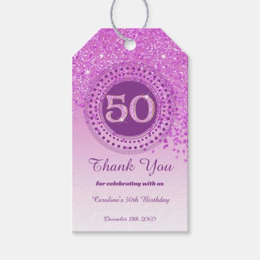 Modern Falling Pink Glitter 50th Birthday Cadeaulabel (Voorkant)