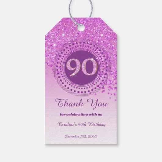 Modern Falling Pink Glitter 90e verjaardag Cadeaulabel (Voorkant)