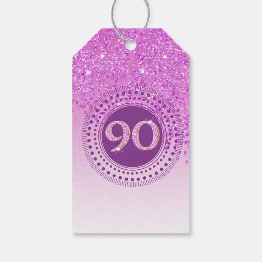 Modern Falling Pink Glitter 90e verjaardag Cadeaulabel (Achterkant)