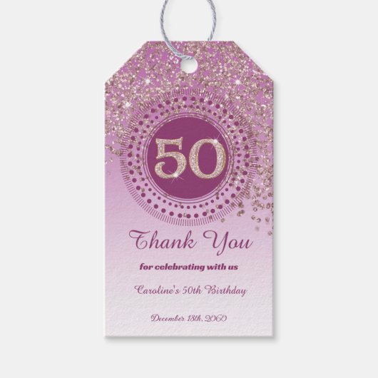 Modern Falling Rose Gold Glitter 50th Birthday Cadeaulabel (Voorkant)
