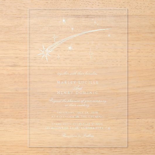 Modern Falling Star Celestial Wedding Acryl Uitnodigingen (Voorkant)