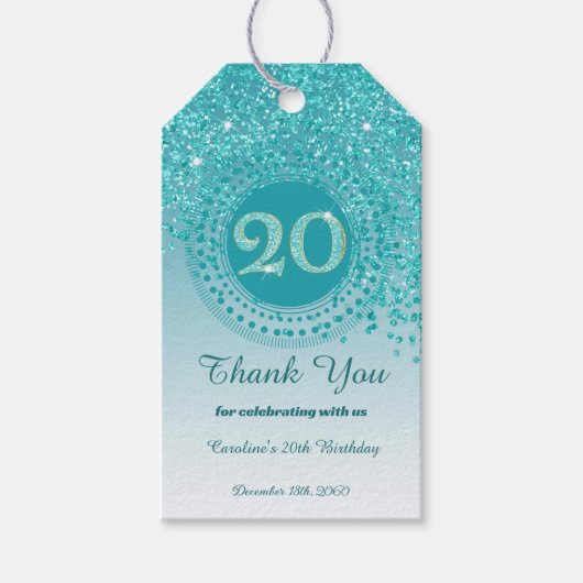 Modern Falling Teal Blue Glitter 20th Birthday Cadeaulabel (Voorkant)