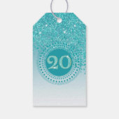 Modern Falling Teal Blue Glitter 20th Birthday Cadeaulabel (Achterkant)