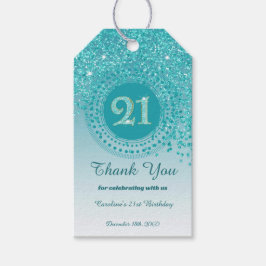 Modern Falling Teal Blue Glitter 21st Birthday Cadeaulabel