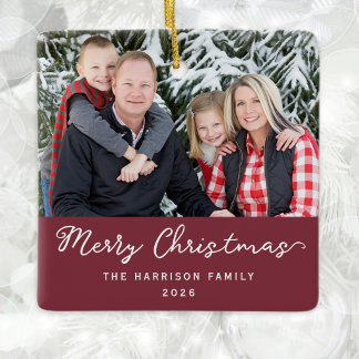 Modern Familie Foto Burgundy Prettig Kerstfeest Keramisch Ornament
