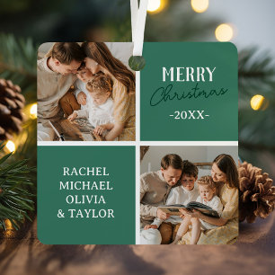 Modern Familie Foto Groen Prettig Kerstfeest Metalen Ornament