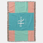 Modern familiemonogram in turkoois, blauw en koraa deken (Voorkant Verticaal)