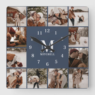 Modern Family 12 Fotocollage Monogram Marine Blauw Vierkante Klok