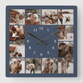 Modern Family 12 Fotocollage Navy Blue Keepsake Vierkante Klok (Voorkant)