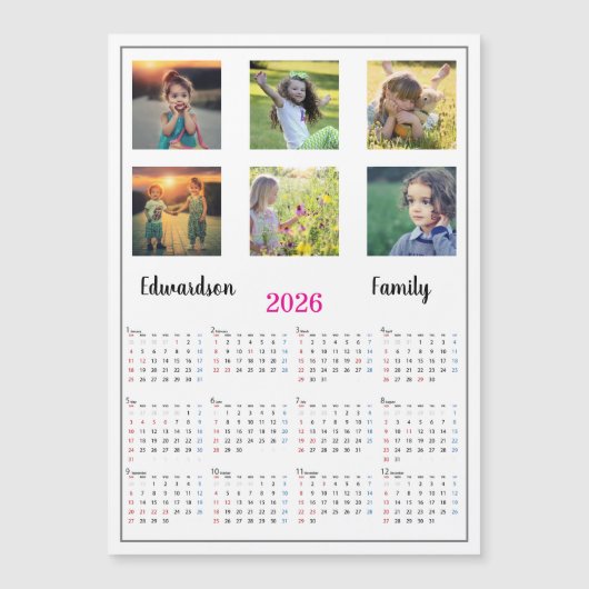 Modern family photo collage magnetic 2026 calendar (Voorkant)