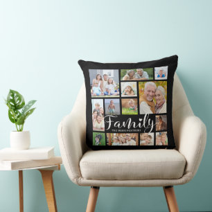 Modern FAMILY Photo Collage Script Heart Black Kussen