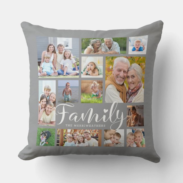 Modern FAMILY Photo Collage Script Heart Gray Kussen (Voorkant)