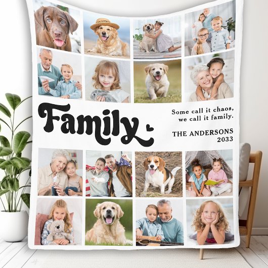 Modern FAMILY Retro Personalized 16 Photo Collage Fleece Deken
