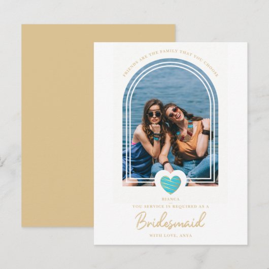 Modern Fancy Bridesmaid Blue Heart Photo Proposal Briefkaart (Voorkant / Achterkant)