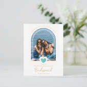 Modern Fancy Bridesmaid Blue Heart Photo Proposal Briefkaart (Staand voorkant)