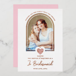Modern Fancy Jr Bridesmaid Pink Heart Photo Folie Uitnodiging