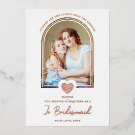 Modern Fancy Jr Bridesmaid Pink Heart Photo Folie Uitnodiging