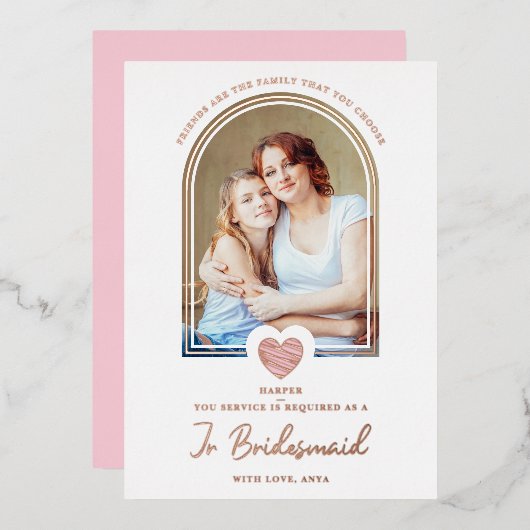 Modern Fancy Jr Bridesmaid Pink Heart Photo Folie Uitnodiging (Voorkant / Achterkant)