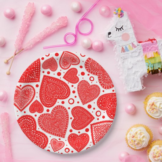 Modern Fancy Red Graphic Hearts Pattern Papieren Bordje (Feest)