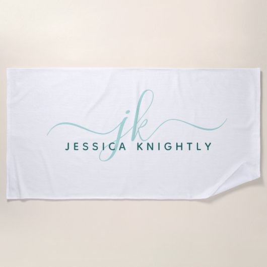 Modern Fancy Script Monogram Blauwgroen Turquoise  Strandlaken (Voorkant)