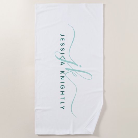 Modern Fancy Script Monogram Blauwgroen Turquoise  Strandlaken (Voorkant)