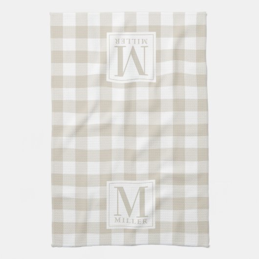 Modern Farmhouse Beige Buffalo Check Monogram Theedoek (Verticaal)