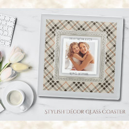 Modern Farmhouse Beige Plaid Best Mom Photo Glazen Onderzetter
