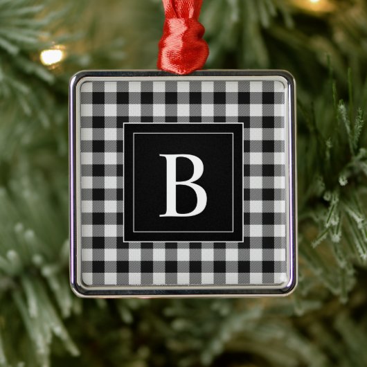 Modern Farmhouse Black Buffalo Pset Monogramed Metalen Ornament (Boom)