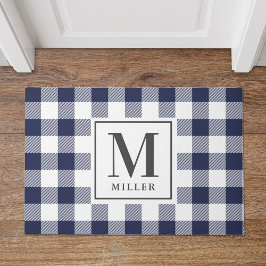 Modern Farmhouse Blue Buffalo Check Monogram Deurmat