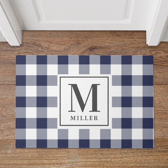 Modern Farmhouse Blue Buffalo Check Monogram Deurmat (Creator heeft geüpload)