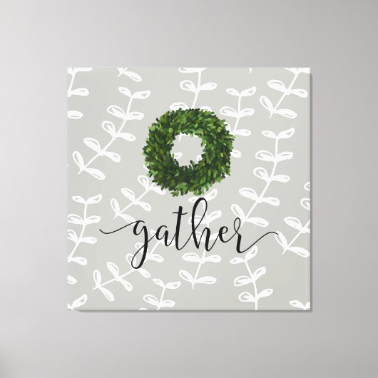 Modern Farmhouse "Gather" Script Boxwood Wreath Canvas Afdruk (Voorkant)
