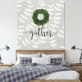 Modern Farmhouse "Gather" Script Boxwood Wreath Canvas Afdruk (Insitu (Slaapkamer))