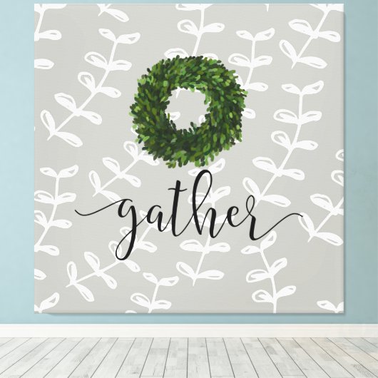 Modern Farmhouse "Gather" Script Boxwood Wreath Canvas Afdruk (Insitu (Houten vloer))