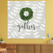 Modern Farmhouse "Gather" Script Boxwood Wreath Canvas Afdruk (Insitu (Woonkamer))
