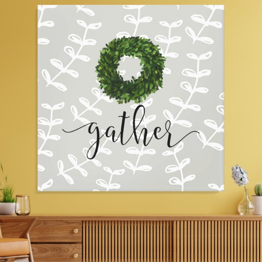 Modern Farmhouse "Gather" Script Boxwood Wreath Canvas Afdruk (Insitu (Woonkamer))