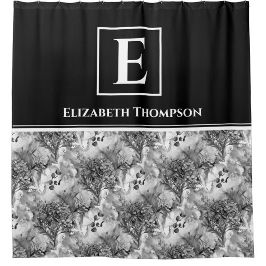 Modern Farmhouse Monogram Black en White Floral Douchegordijn (Voorkant)