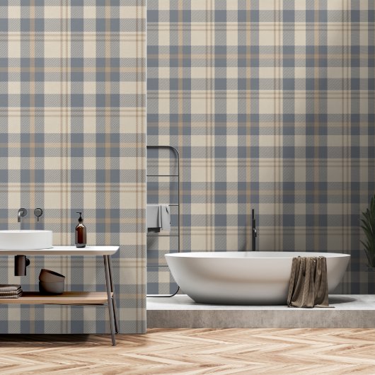 Modern Farmhouse Plaid in Cream and Slate Blue Behang (Badkamer)