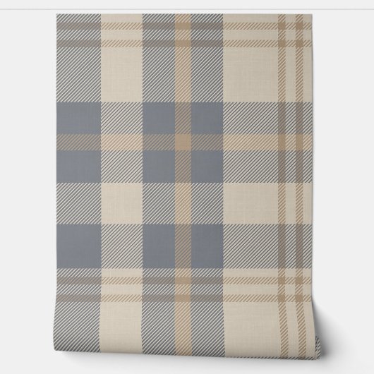 Modern Farmhouse Plaid in Cream and Slate Blue Behang (Afrollen)