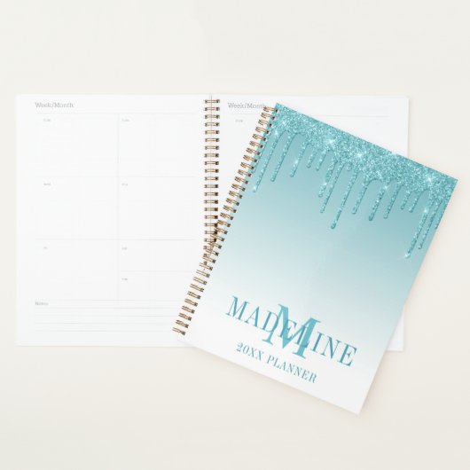 Modern fashionable Aqua Glitter Monogram Planner (Display)