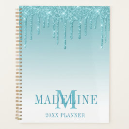 Modern fashionable Aqua Glitter Monogram Planner