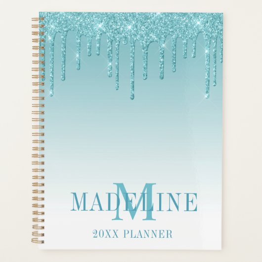Modern fashionable Aqua Glitter Monogram Planner (Voorkant)