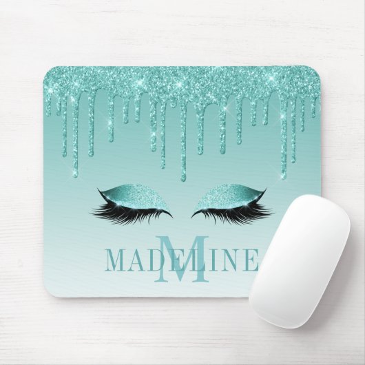 Modern fashionable Blauwgroen Glitter Lashes Monog Muismat (Met muis)
