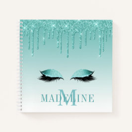 Modern fashionable Blauwgroen Glitter Lashes Monog Notitieboek